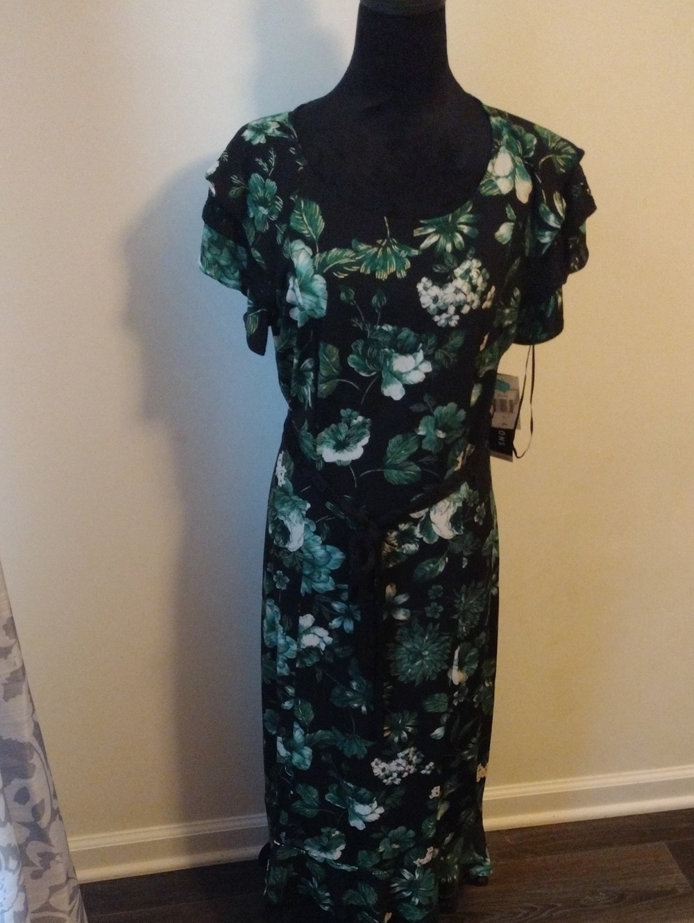 NWT Perceptions Black Floral Maxi Dress with Green Accents